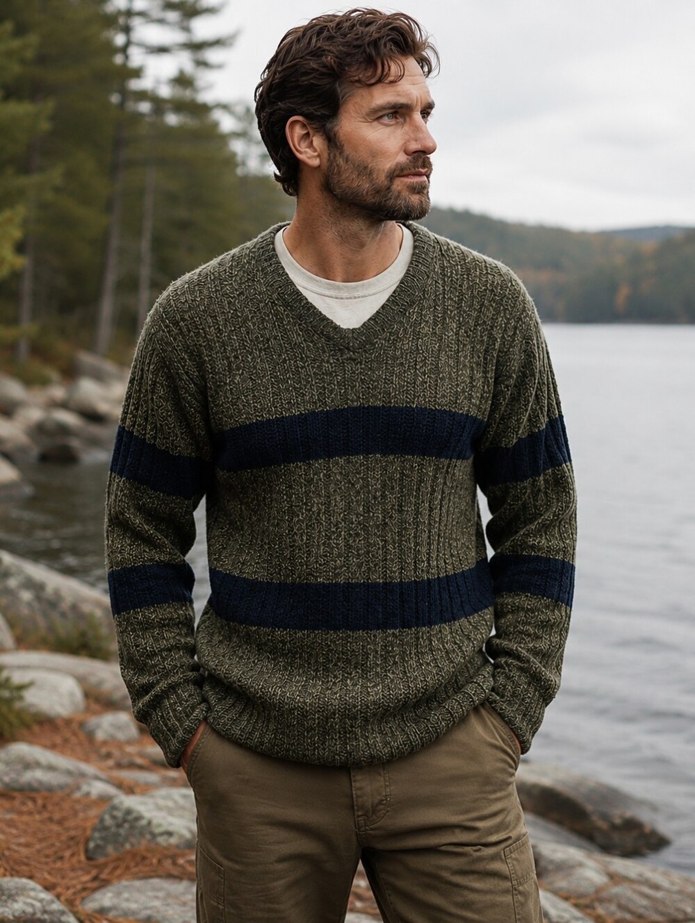 Structure Men’s 100% Lambswool Fisherman Sweater Olive Navy Stripe L